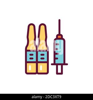 Syringe for injection with liquid color line icon. Isolated vector element. Outline pictogram for web page, mobile app, promo. Stock Vector