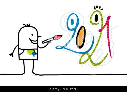 Hand drawn Cartoon Artist Painting a 2021 funny Graffiti face Stock Vector