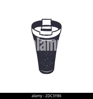 Monochrome thermo cup shape, icon. Vintage hand drawn design. Stock isolated on white background.