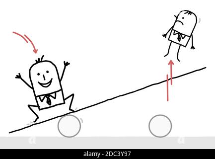 Hand drawn Cartoon Big Businessman Jumping on a teeter board, and Bumping off a small one Stock Vector