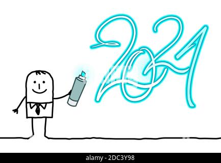 Hand drawn Cartoon Businessman Drawing a Shiny blue 2021 sign Stock Vector