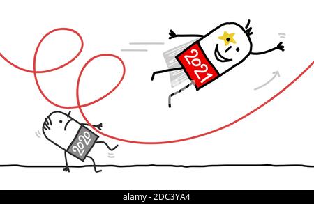 Hand drawn Cartoon 2021 Flying and Looping Super Hero, Pushing Down a 2020 man Stock Vector