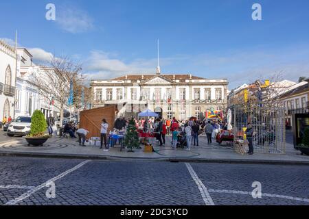 Christmas Market In Old Square (Praca Velha), Outside The Town Hall (Câmara Municipal), In Angra Do Heroismo Terceira Island The Azores Portugal DECEM Stock Photo