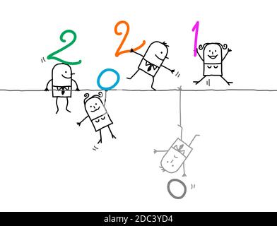 Hand drawn Cartoon Men and Women on a Wire with 2021 Numbers Stock Vector