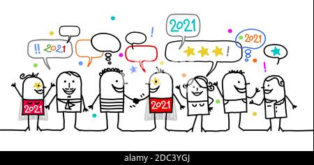 Hand drawn Happy Cartoon Social People and 2021 Super Heroes, Celebrating the New Year Stock Vector
