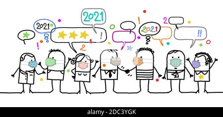 Hand drawn Cartoon Social People with Protection Masks, Celebrating the 2021 New Year Stock Vector