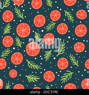 Orange and pine twigs christmas seamless pattern vector. Cute hand drawn season holiday cartoon illustration. Stock Vector