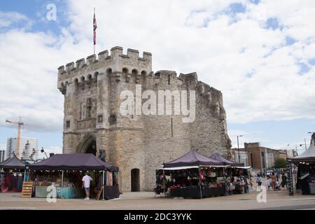 Views of Bargate in Southampton with market traders and shoppers in the UK, taken on the 10th July 2020 Stock Photo