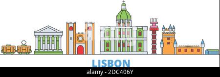 Portugal, Lisbon line cityscape, flat vector. Travel city landmark, oultine illustration, line world icons Stock Vector