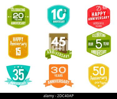 Anniversary badges, signs and emblems collection in different style - retro design, flat. Easy to edit and use your number, text. illustration isolate Stock Photo