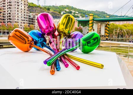 Tulips by Jeff Koons, mirror-polished stainless steel with transparent color coating, Museum Collection, Guggenheim Museum. Bilbao, Biscay, Basque Cou