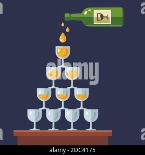 champagne is poured into a pyramid from glasses. festive table decoration made of alcohol. flat vector illustration Stock Vector
