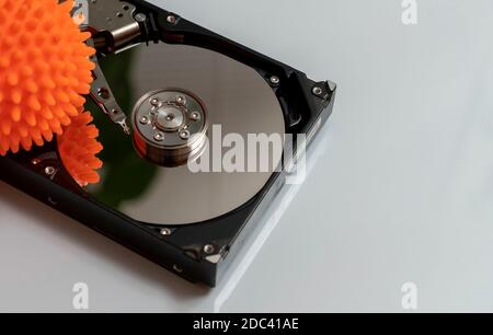 Concept, data infected by a virus. Disassembled hard drive with virus Stock Photo