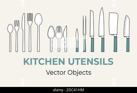 Cutlery kitchen utensils vector isolated set. Spoons forks dinner kitchen knives vector line illustration icon cafe menu Stock Vector