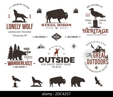 Wild animal badges set and outdoors activity insignias. Retro illustration . Typography camping style. logos with letterpress effect. Custom explorer Stock Photo