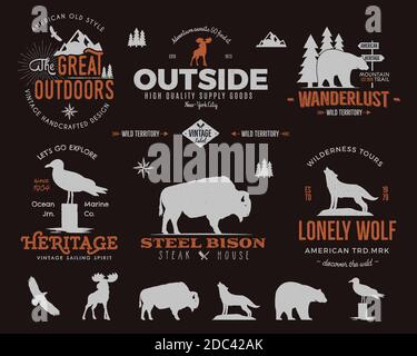 Wild animal badges set and outdoors activity insignias. Retro illustration of animal badges. Typography camping style. Animal badges logos with Stock Photo