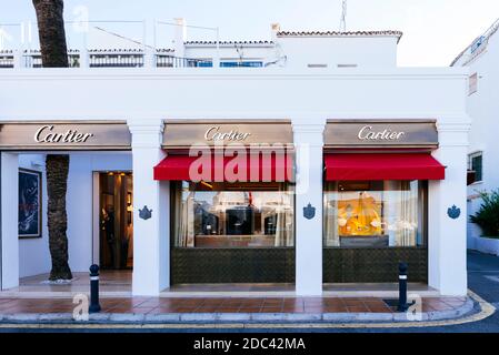 Luxury shops at the exclusive yacht harbour of Puerto Banús. Marbella, Málaga, Costa de Sol, Andalucia, Spain, Europe Stock Photo