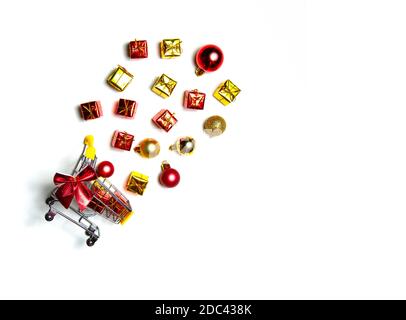 cart with new year and christmas gifts. christmas layout on white background Stock Photo