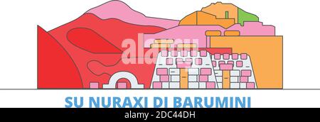 Italy, Barumini, Su Nuraxi Di Barumini line cityscape, flat vector. Travel city landmark, oultine illustration, line world icons Stock Vector