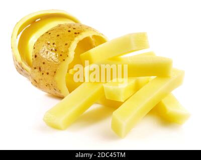 Peeled Potato wit raw French Fries isolated on white Background Stock Photo