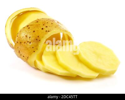 Peeled Potato with Potato Slices isolated on white Background Stock Photo