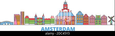 Netherlands, Amsterdam City line cityscape, flat vector. Travel city landmark, oultine illustration, line world icons Stock Vector