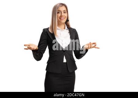 Young woman with a wireless microphone isolated on white background Stock Photo