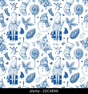 Christmas seamless pattern. Toys, snowman, wreath and other Christmas elements. Sketch vector Stock Vector