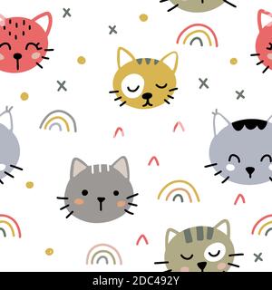 Cute seamless pattern with funny kittens and rainbows in Scandinavian style isolated on white background vector illustration. Hand drawn cute colorful Stock Vector