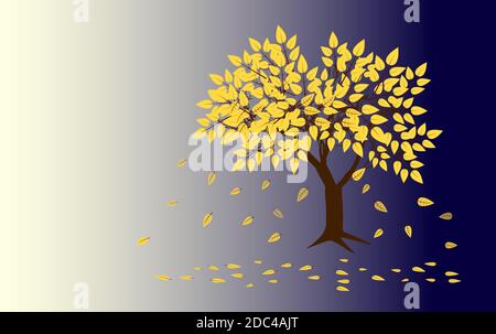 abstract yellow tree and  falling leaves on blue Stock Vector