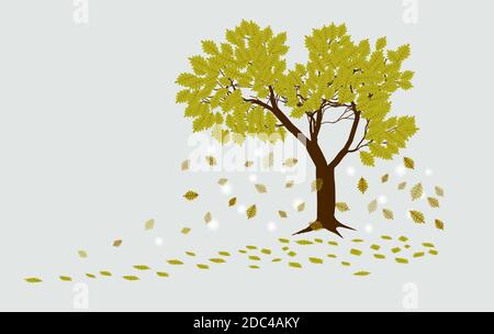 autumn oak tree with falling leaves on a light gray background Stock Vector