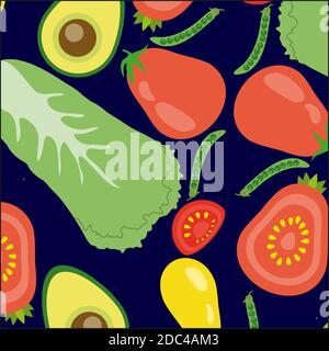 vector vegetables seamless pattern  in flat style with pattern with tomato, avocado on dark background Stock Vector