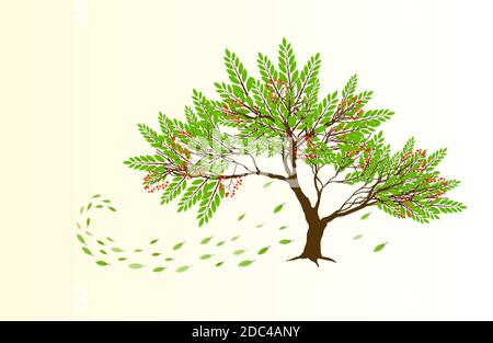 Spring abstract tree with red berries and green falling leaves Stock Vector