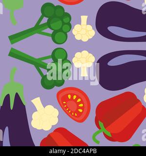 vector vegetables seamless pattern  in flat style with pattern with red  tomato, eggplant. pepper. cabbage Stock Vector
