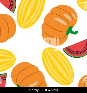 vector vegetables seamless pattern  in flat style with pattern with watermelon. punpkin Stock Vector