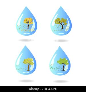 a set of small abstract  trees in a drop of water on white Stock Vector