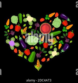 set of vegetables in the form of heart on the black background Stock Vector