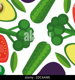 vector vegetables seamless pattern  in flat style with pattern with red  tomato, avocado. eggplant. carrot Stock Vector