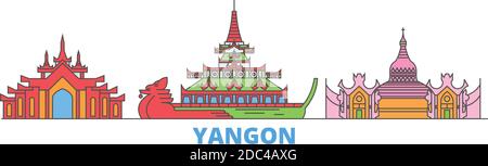 Myanmar, Yangon line cityscape, flat vector. Travel city landmark, oultine illustration, line world icons Stock Vector