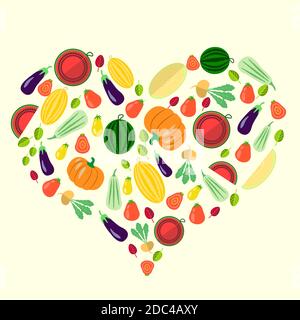 set of vegetables in the form of heart on light yellow background Stock Vector