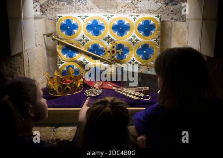 Tourist display of reproduction Crown Jewels including crown, orb ...