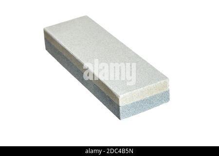 Rectangular double layer sharpening stone. Grindstone or whetstone sharpener, isolated on white background. Kitchen utensils Stock Photo
