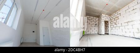 construction of the wooden frame of a roof Fibrerglass insulation installed in the sloping ceiling of a house. Construction of Drywall-Plasterboard Stock Photo