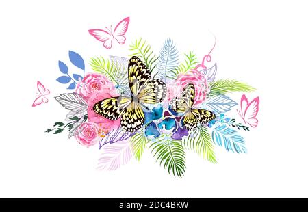 Floral abstraction from watercolor different colors with butterflies. T-shirt print. Vector illustration. Stock Vector