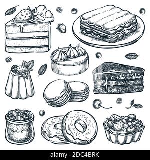 Sliced cakes collection isolated on white background. Vector hand drawn sketch illustration. Desserts icons and cafe design elements set. Sweet pastry Stock Vector