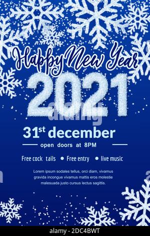 Happy New Year 2021 party banner poster template. Holiday flyer layout with place for text. Vector illustration. White snow numbers on winter abstract Stock Vector