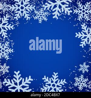 Winter abstract blue frame with realistic white snow snowflakes. Square banner, poster, greeting card background for Christmas or New Year holiday. Ve Stock Vector