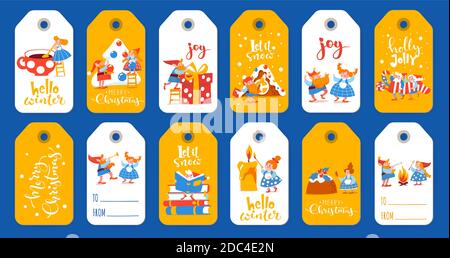 Bundle of winter sale gold and white labels with cute elf characters on Christmas holidays Stock Vector