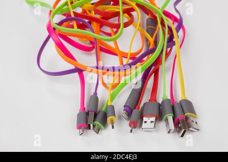 color wires with plugs on white background Stock Photo