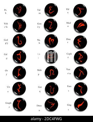 Set of hand drawn enochian magical alphabet, artificial language